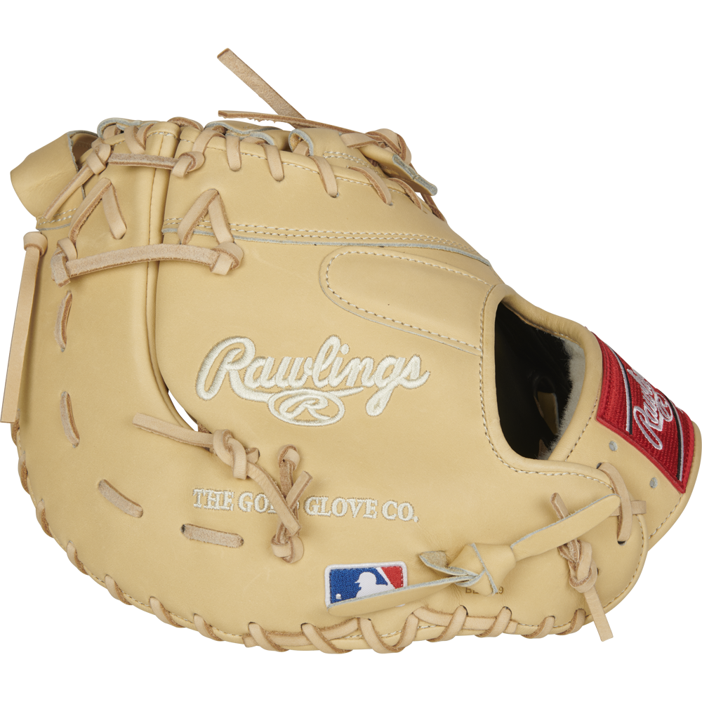 A Rawlings Pro Preferred 13" first base mitt featuring premium kip leather, white stitching, the Rawlings logo, THE GOLD GLOVE CO. text, and an MLB logo on the wrist area.