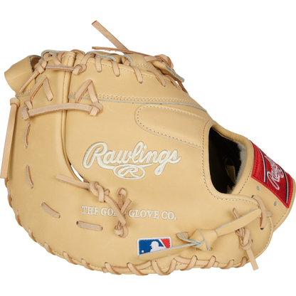 A Rawlings Pro Preferred 13" first base mitt featuring premium kip leather, white stitching, the Rawlings logo, THE GOLD GLOVE CO. text, and an MLB logo on the wrist area.