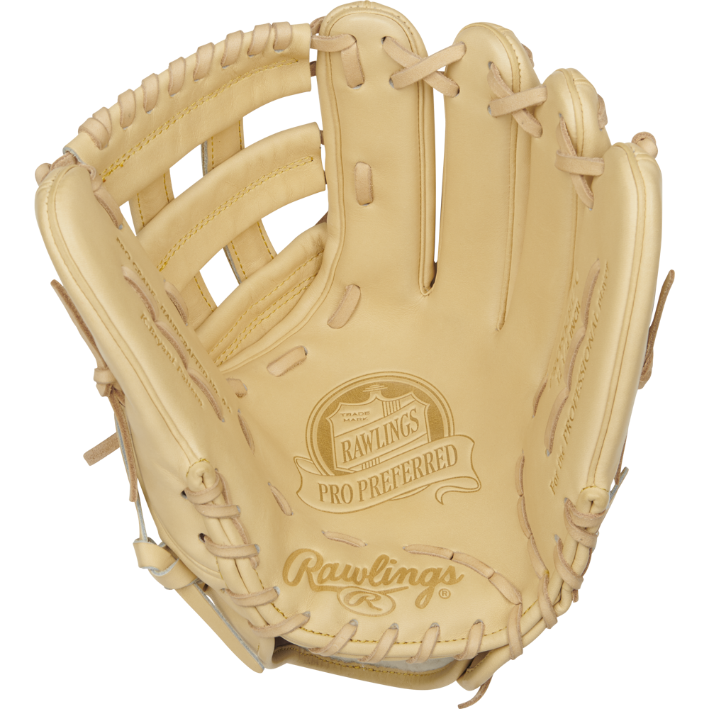 A Rawlings Pro Preferred 12.25" Kris Bryant GM Baseball Glove (PROSKB17C) in tan is shown open, highlighting its detailed stitching and embossed Pro Preferred branding on the palm.