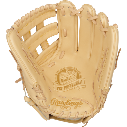 A Rawlings Pro Preferred 12.25" Kris Bryant GM Baseball Glove (PROSKB17C) in tan is shown open, highlighting its detailed stitching and embossed Pro Preferred branding on the palm.