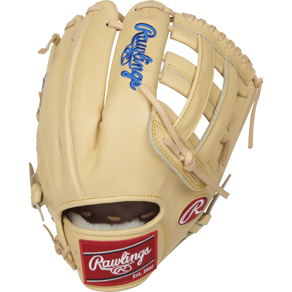 A tan Rawlings Pro Preferred 12.25" Kris Bryant GM Baseball Glove (PROSKB17C) with blue and red branding, leather laces, and an open web design is displayed against a white background.