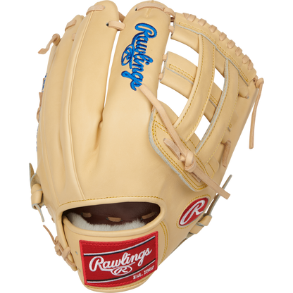 A tan Rawlings Pro Preferred 12.25" Kris Bryant GM Baseball Glove (PROSKB17C) with blue and red branding, leather laces, and an open web design is displayed against a white background.
