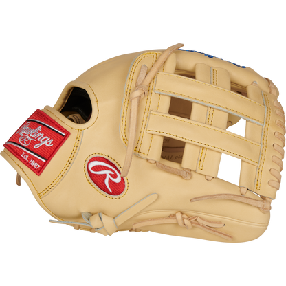 A tan Rawlings Pro Preferred 12.25" Kris Bryant GM Baseball Glove (PROSKB17C), with red and white branding patches, open web design, and detailed stitching, is displayed against a plain white background.