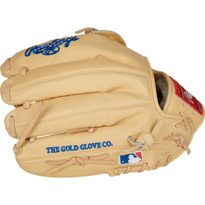The Rawlings Pro Preferred 12.25" Kris Bryant GM Baseball Glove (PROSKB17C) is a tan utility glove with blue Rawlings and THE GOLD GLOVE CO. text, tan laces, and an MLB logo patch—perfect for versatile players.