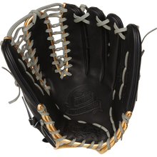The Rawlings Pro Preferred 12.75" Mike Trout Gameday Baseball Glove (PROSMT27B) is shown open, featuring black leather with tan, gold, and white laces and visible Rawlings branding inside the palm.