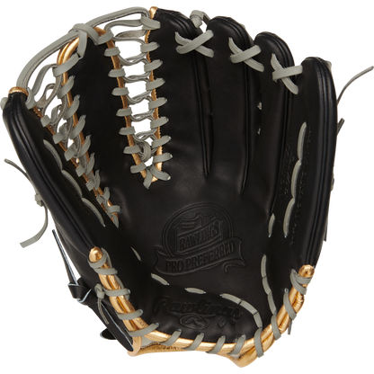 The Rawlings Pro Preferred 12.75" Mike Trout Gameday Baseball Glove (PROSMT27B) is shown open, featuring black leather with tan, gold, and white laces and visible Rawlings branding inside the palm.
