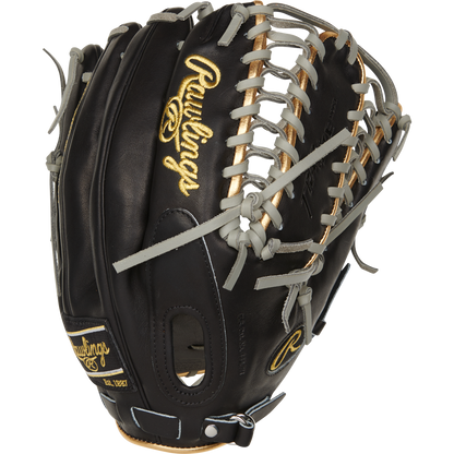 The Rawlings Pro Preferred 12.75" Mike Trout Gameday Glove (PROSMT27B) features black leather with tan and grey laces, gold embroidered logos, and detailed stitching—ideal as an outfield glove, shown upright on a white background.