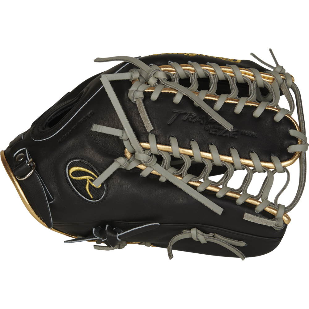 The Rawlings Pro Preferred 12.75" Mike Trout Gameday Baseball Glove (PROSMT27B) features black leather, gray laces, and gold accents—ideal for outfield performance with visible webbing and quality stitching.
