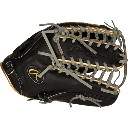 The Rawlings Pro Preferred 12.75" Mike Trout Gameday Baseball Glove (PROSMT27B) features black leather, gray laces, and gold accents—ideal for outfield performance with visible webbing and quality stitching.
