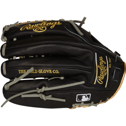 The Rawlings Pro Preferred 12.75" Mike Trout Gameday Glove (PROSMT27B) is a black outfield glove with gold and gray accents, embroidered Rawlings and The Gold Glove Co., plus the MLB logo—ideal for any collection.