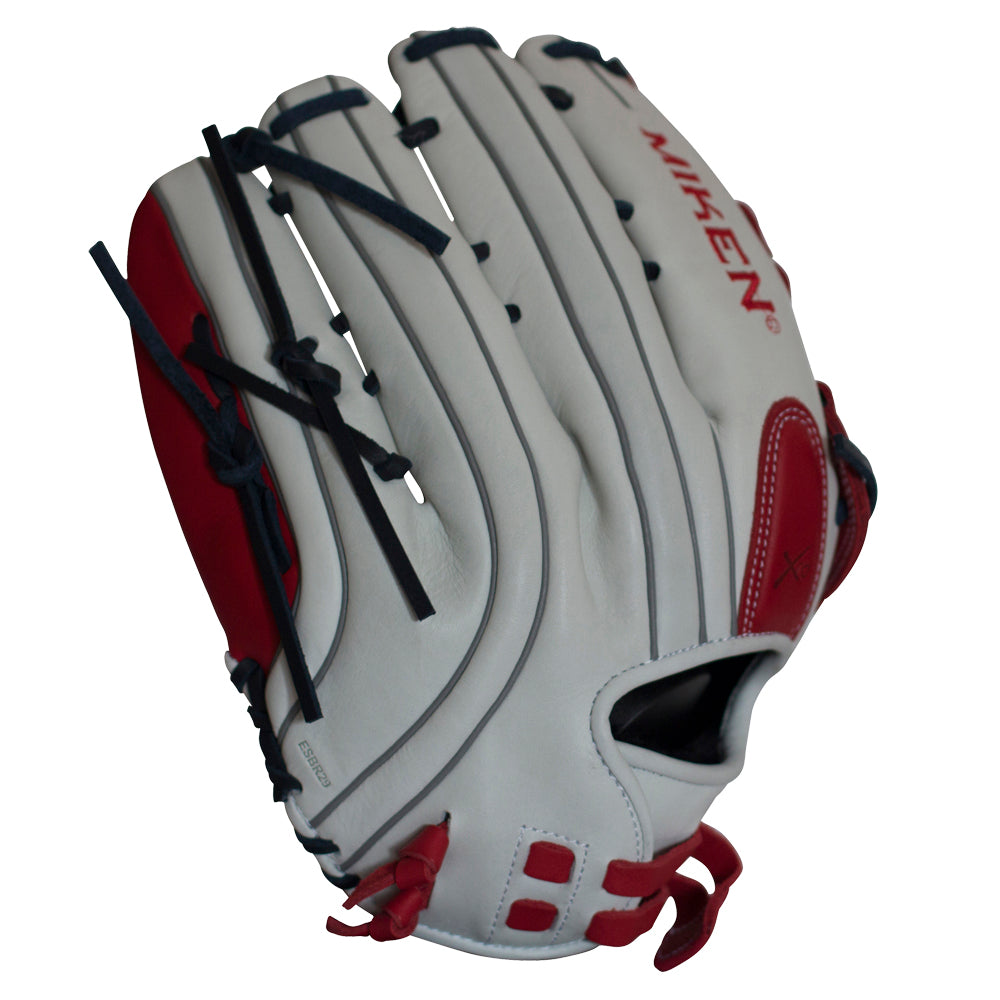 The Miken Pro Series 13" Slowpitch Glove (PRO130-WSN) features white full-grain leather, red and navy blue accents, black laces, and “MIKEN” stitched in red on the back.