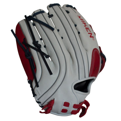 The Miken Pro Series 13" Slowpitch Glove (PRO130-WSN) features white full-grain leather, red and navy blue accents, black laces, and “MIKEN” stitched in red on the back.