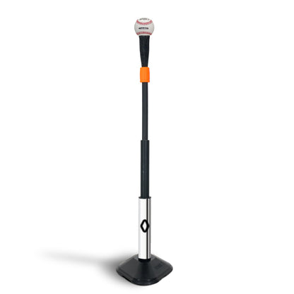 The Bownet ProMag Batting Tee (BN-PROMAG TEE) by Bownet features a black, adjustable design with an orange ring and square base, making it ideal for baseball or softball hitting practice.