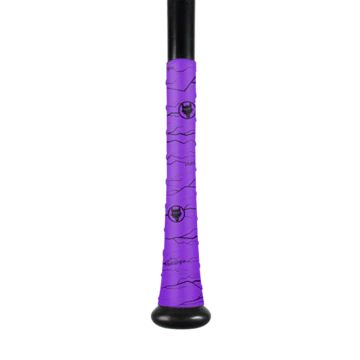 A close-up of a VukGripz Bat Grip Tape by VukGripz, wrapped around a baseball bat handle. The bright purple tape features black wavy lines and two small bull head logos, designed for top grip. The bat’s end knob is black.