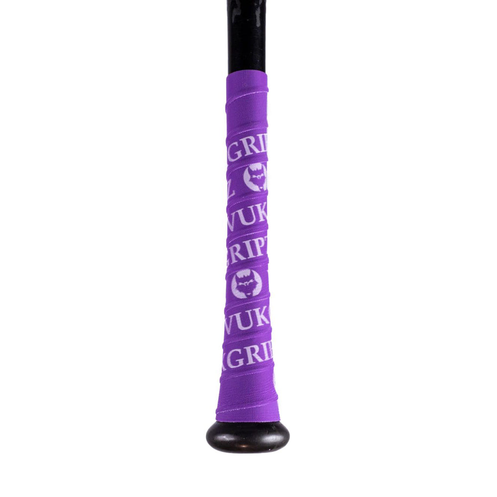 A black baseball bat handle wrapped with VukGripz Bat Grip Tape in purple, featuring repeating white text and the VukGripz logo for optimal grip.