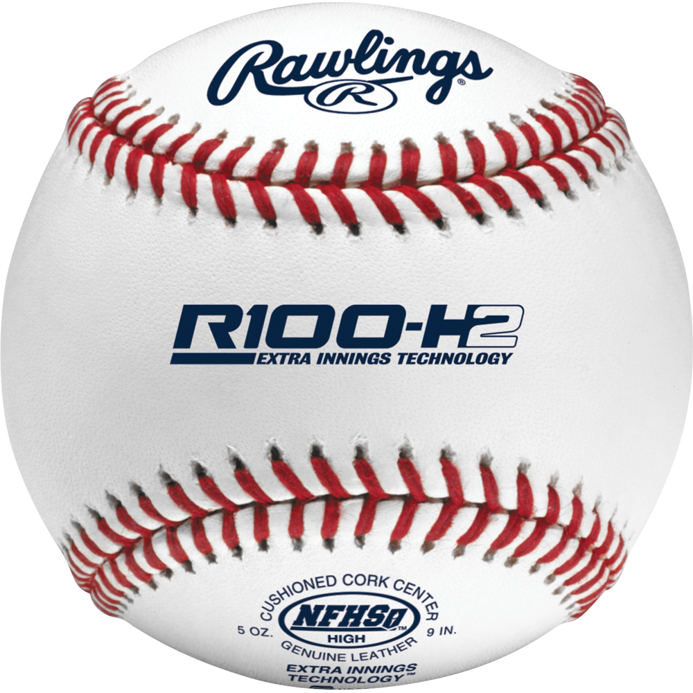 A close-up of a Rawlings R100 NFHS NOCSAE High School Baseball (R100-H2), a popular choice for high school baseball nationwide.