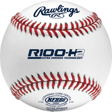 A close-up of a Rawlings R100 NFHS NOCSAE High School Baseball (R100-H2), a popular choice for high school baseball nationwide.