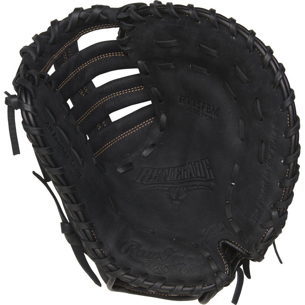 The Rawlings Renegade 11.5" Youth Baseball First Base Mitt (R115FBM) is a black leather glove with visible stitching and laces, shown from above to highlight the pocket and webbing.