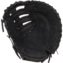 The Rawlings Renegade 11.5" Youth Baseball First Base Mitt (R115FBM) is a black leather glove with visible stitching and laces, shown from above to highlight the pocket and webbing.