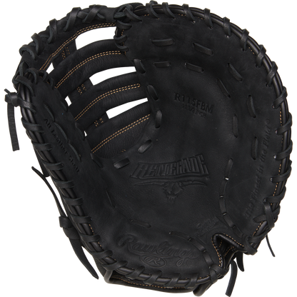 The Rawlings Renegade 11.5" Youth Baseball First Base Mitt (R115FBM) is a black leather glove with visible stitching and laces, shown from above to highlight the pocket and webbing.
