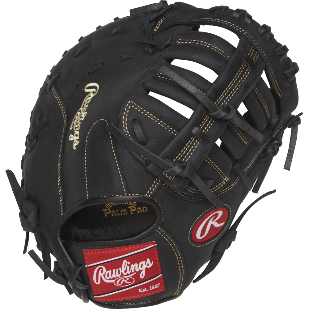 A black Rawlings Renegade 11.5" Youth Baseball First Base Mitt (R115FBM) with tan stitching, open web, red Rawlings logo patch, and gold embroidered brand name on the thumb.