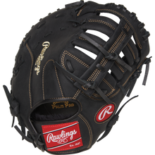 A black Rawlings Renegade 11.5" Youth Baseball First Base Mitt (R115FBM) with tan stitching, open web, red Rawlings logo patch, and gold embroidered brand name on the thumb.