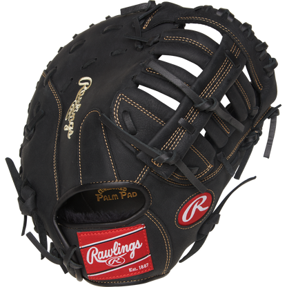 A black Rawlings Renegade 11.5" Youth Baseball First Base Mitt (R115FBM) with tan stitching, open web, red Rawlings logo patch, and gold embroidered brand name on the thumb.