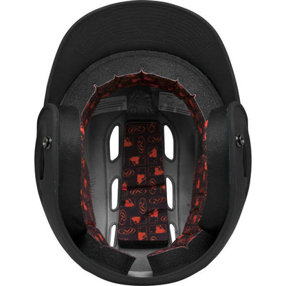 Top view of the Rawlings Velo Matte Batting Helmet: R16M in black, featuring red patterned lining, multiple ventilation holes, and ear-protective interior padding—perfect for youth baseball collections.