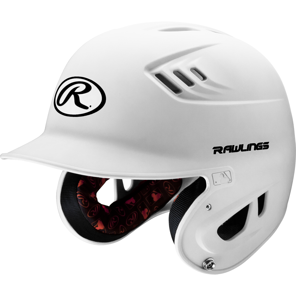 The Rawlings Velo Matte Batting Helmet: R16M features a white design with black logo, protective ear coverage, ventilation holes, and a red padded interior for safety and style in youth baseball.