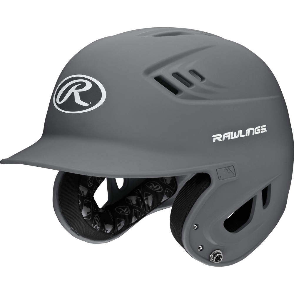 The Rawlings Velo Matte Batting Helmet: R16M offers youth players ear protection, ventilation holes, and a matte gray finish with white Rawlings logos—a stylish and safe choice for the baseball field.