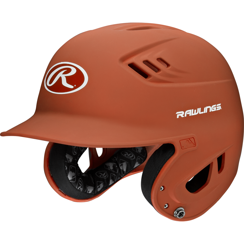 The Rawlings Velo Matte Batting Helmet: R16M features an orange matte finish, protective ear guards, ventilation holes, a white Rawlings logo on the front and side, and black interior padding for comfort and safety—ideal for youth baseball.