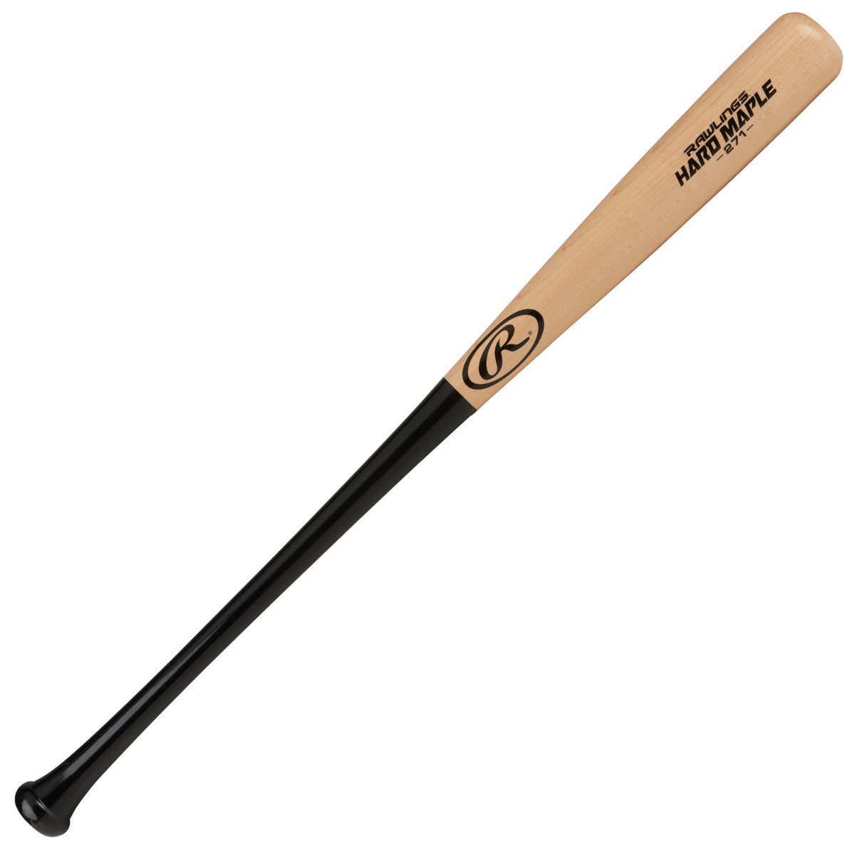 The Rawlings Adirondack Hard Maple Wood Baseball Bat: R271MB features a natural wood barrel, black handle, and the signature Rawlings logo with "Hard Maple" displayed on the barrel.
