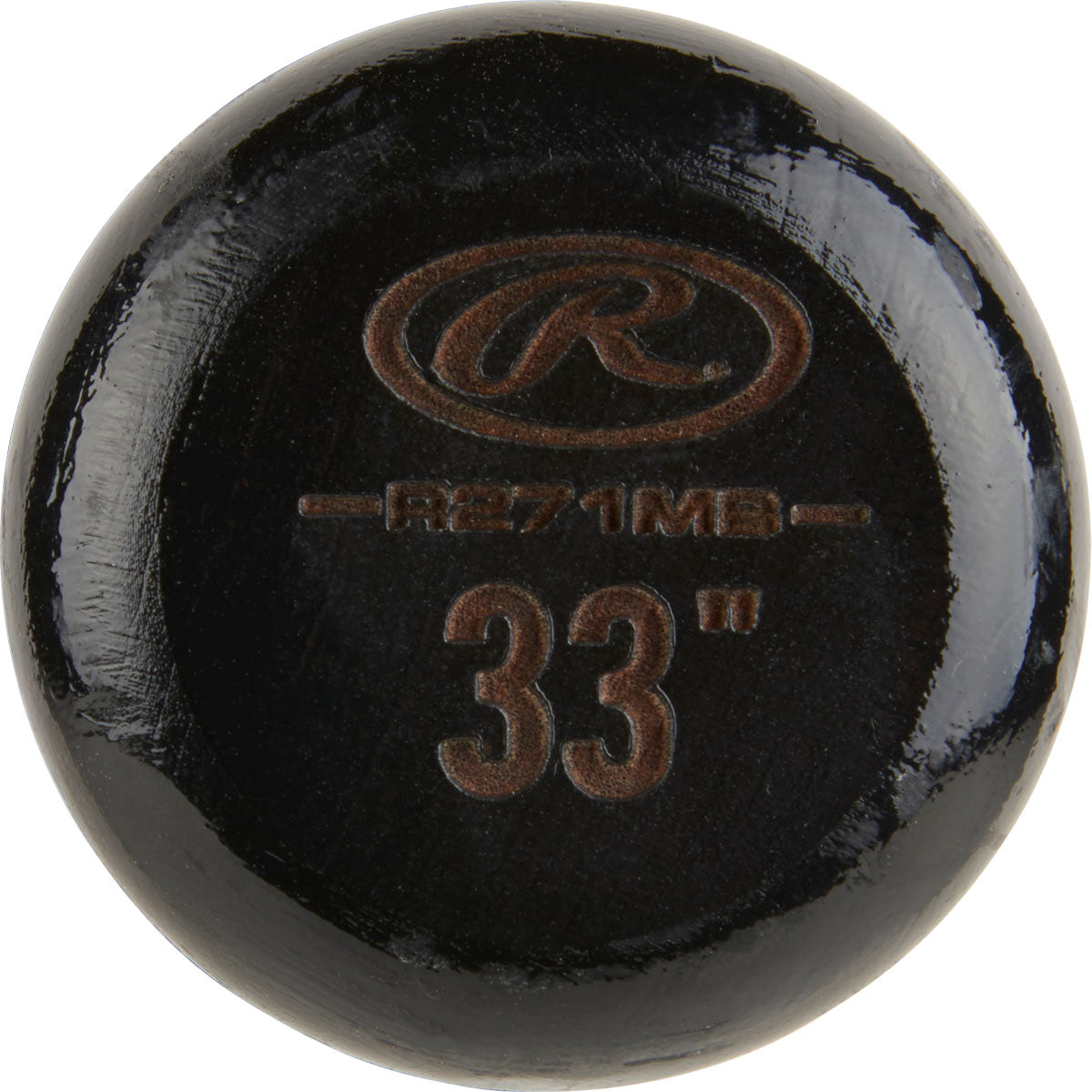 Close-up of the knob end of a Rawlings Adirondack Hard Maple Wood Baseball Bat: R271MB with the Rawlings logo and "33" length printed in brown.