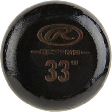 Close-up of the knob end of a Rawlings Adirondack Hard Maple Wood Baseball Bat: R271MB with the Rawlings logo and "33" length printed in brown.
