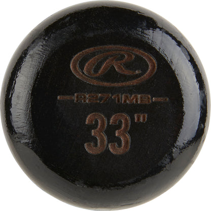 Close-up of the knob end of a Rawlings Adirondack Hard Maple Wood Baseball Bat: R271MB with the Rawlings logo and "33" length printed in brown.