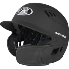 The Rawlings R16 Matte Batting Helmet with Universal Jaw Guard (R6R07) features ear and jaw protection, a matte black finish, ventilation holes, front Rawlings logo, and padded interior lining.