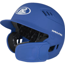 The Rawlings R16 Matte Batting Helmet with Universal Jaw Guard (R6R07) features ventilation holes, a padded interior, and blue finish. The Rawlings logo appears on the front and side of the helmet.