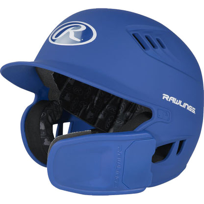 The Rawlings R16 Matte Batting Helmet with Universal Jaw Guard (R6R07) features ventilation holes, a padded interior, and blue finish. The Rawlings logo appears on the front and side of the helmet.