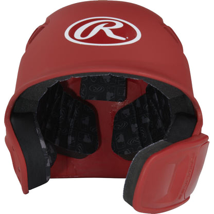 A red Rawlings R16 Matte Batting Helmet (R6R07) seen from the open front, showing its black padded interior, adjustable chin strap, and Rawlings logo—includes a universal jaw guard for added protection.