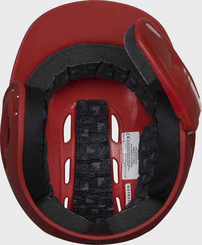 A Rawlings R16 Matte Batting Helmet with a universal jaw guard (model R6R07), featuring a red design and black straps.