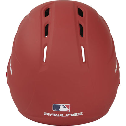 A red Rawlings R16 Matte Batting Helmet with Universal Jaw Guard (R6R07), viewed from the back, shows ventilation slots and the MLB logo above the Rawlings name at the base.