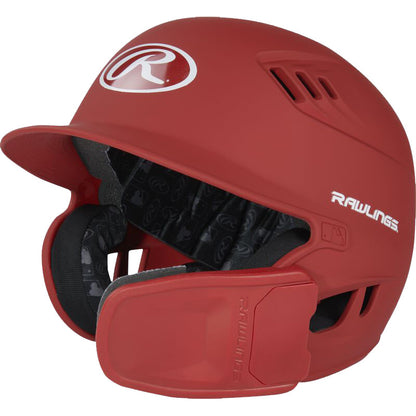 A Rawlings R16 Matte Batting Helmet with Universal Jaw Guard (R6R07), featuring black interior padding, ventilation holes on top and side, and visible Rawlings logos on the front and side.