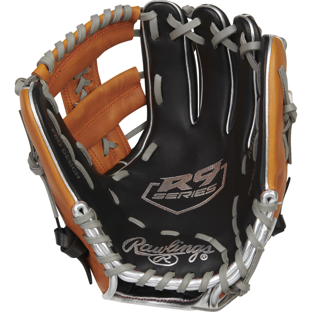 The Rawlings R9 11" ContoUR Baseball Glove (R9110U-19BT) features a black and orange design with gray laces, RS Series text, and the Rawlings logo on the palm.