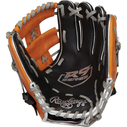 The Rawlings R9 11" ContoUR Baseball Glove (R9110U-19BT) features a black and orange design with gray laces, RS Series text, and the Rawlings logo on the palm.