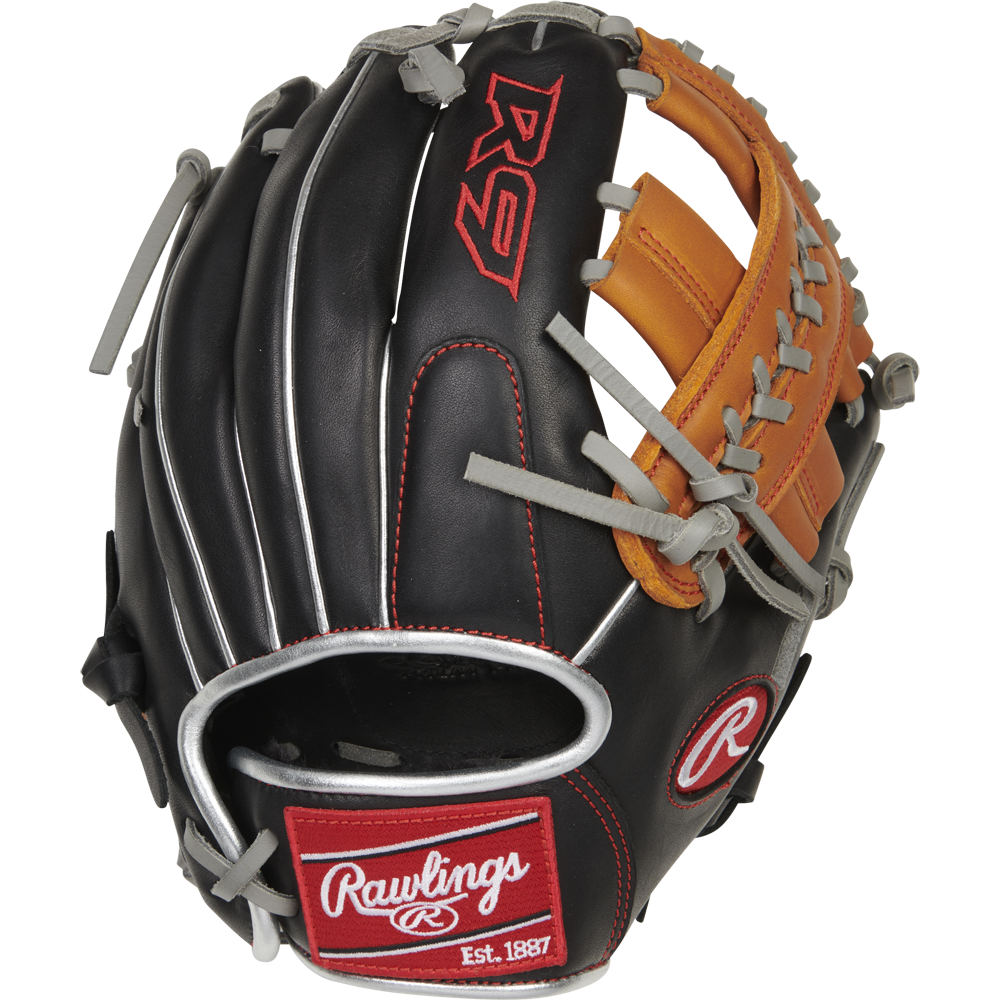The Rawlings R9 11" ContoUR Baseball Glove (R9110U-19BT) features a black and brown design with gray laces, red and white branding, and embroidered patches—an ideal youth infield glove.