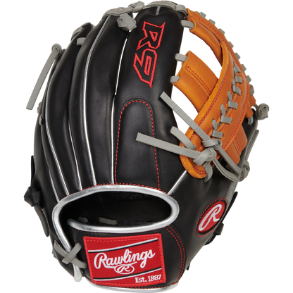 The Rawlings R9 11" ContoUR Baseball Glove (R9110U-19BT) features a black and brown design with gray laces, red and white branding, and embroidered patches—an ideal youth infield glove.
