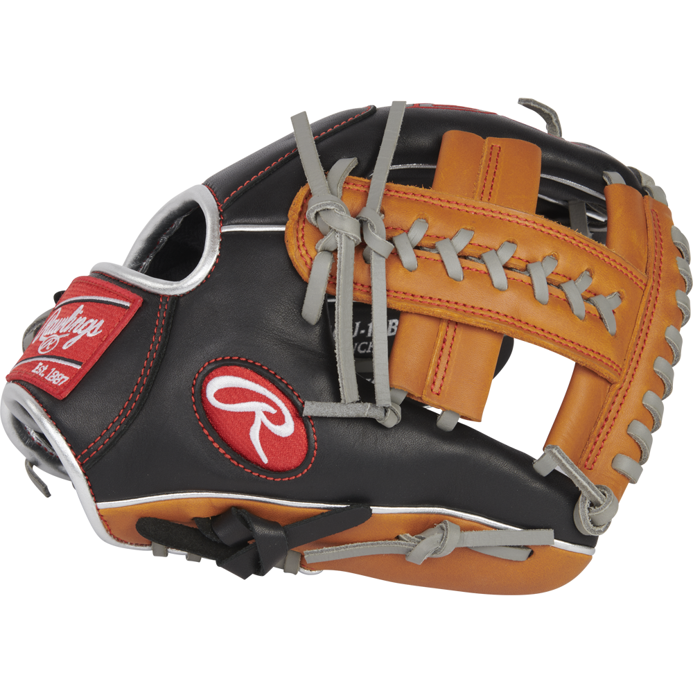 A close-up of the Rawlings R9 11" ContoUR Baseball Glove (R9110U-19BT), a youth infield glove with black/tan leather, grey laces, red and white Rawlings logos, and a partially open webbing design.