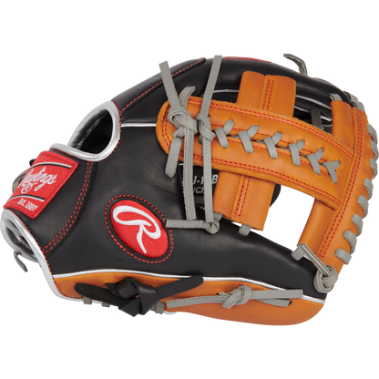 A close-up of the Rawlings R9 11" ContoUR Baseball Glove (R9110U-19BT), a youth infield glove with black/tan leather, grey laces, red and white Rawlings logos, and a partially open webbing design.