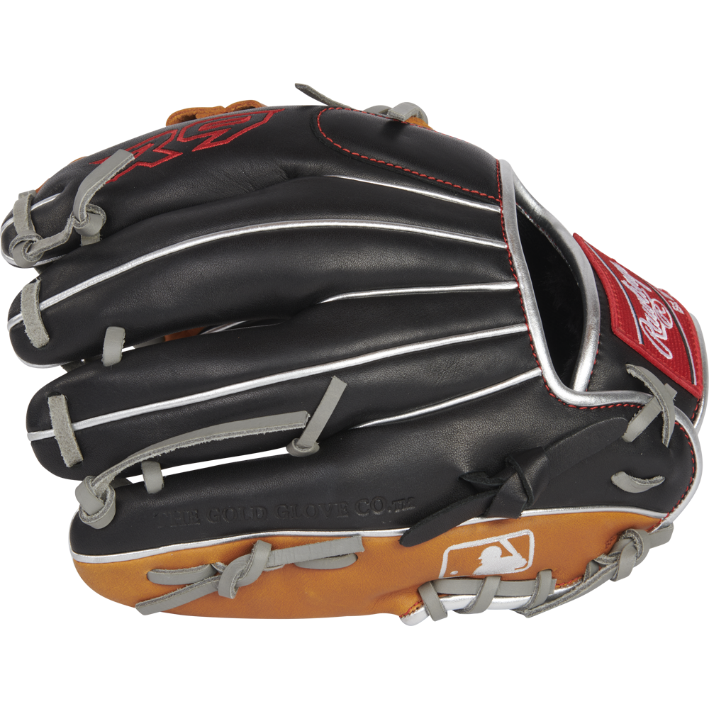 The Rawlings R9 11" ContoUR Baseball Glove (R9110U-19BT) features a black, orange, and gray design with white stitching—ideal as a youth infield glove and showcasing the classic Rawlings branding.