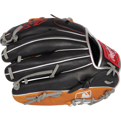 The Rawlings R9 11" ContoUR Baseball Glove (R9110U-19BT) features a black, orange, and gray design with white stitching—ideal as a youth infield glove and showcasing the classic Rawlings branding.
